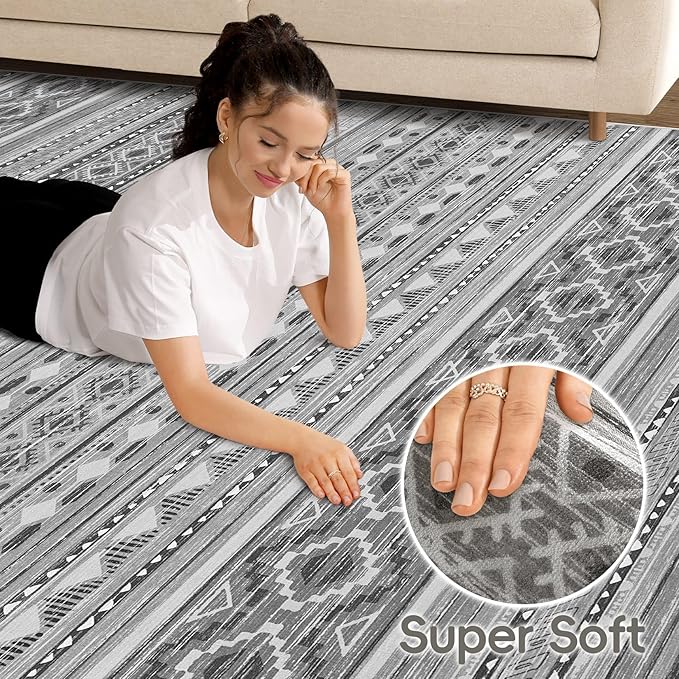 cotiled 5x8 Area Rug Living Room: Washable Boho Rugs with Non Slip Backing Large Soft Indoor Stain Resistant Carpet for Bedroom Farmhouse Dining Room Lightweight Home Decor Beige Grey
