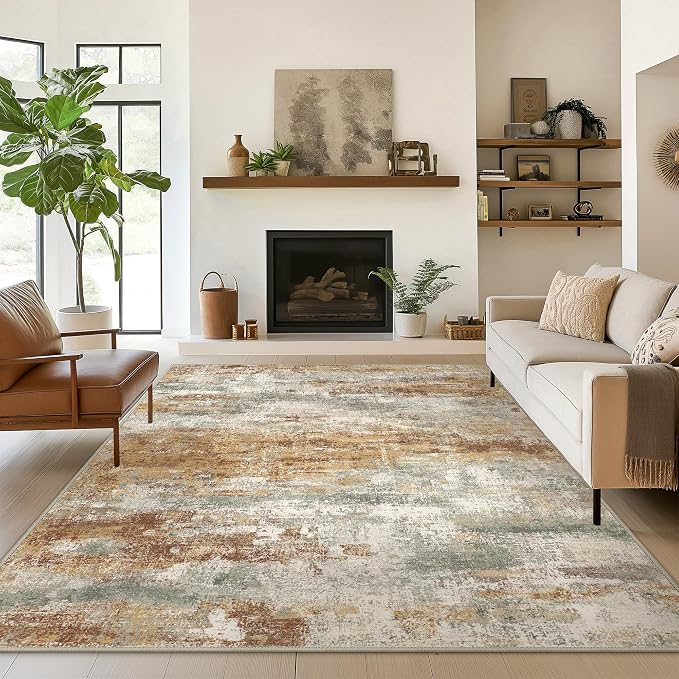 BEIMO Area Rugs 8x10 for Living Room Bedroom, Modern Abstract Machine Washable Rug, Large Soft Low Pile Floor Cover with Non Slip Backing for Dining Room, Orange Green