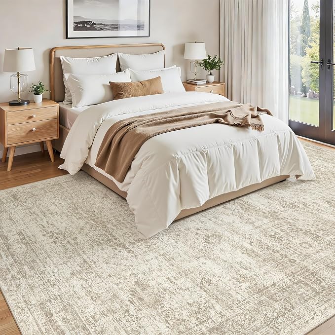 Soalmost 7x10 Area Rug for Living Room Washable Abstract Vintage Soft Thin Indoor Floor Non-Slip Carpet for Bedroom Dining Room Beige
