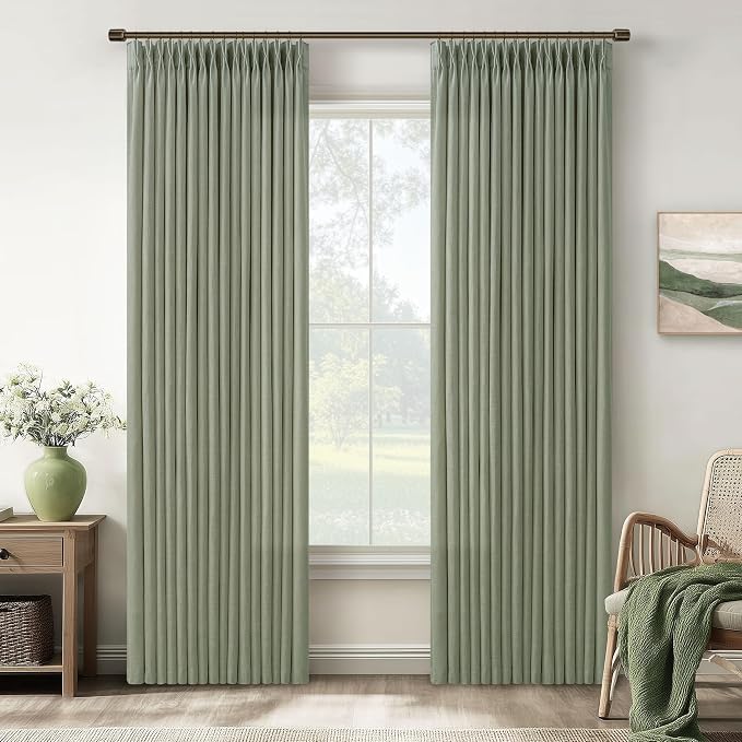 Sage Green Pleated Memory Shape Linen 80 Inch Curtains 2 Panels for Living Dining Room Bedroom Light Filtering Office Boho Cottage Farmhouse Home Decor Semi Sheer Curtains 50 Inch Wide 80 Inch Length