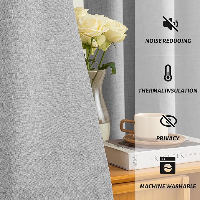 Yakamok Linen Dove Gray Curtains 100% Blackout 84 Inches Long,Room Darkening Textured Curtains for Living Room Thermal Grommet Bedroom Curtains 2 Panels with Greyish White Liner
