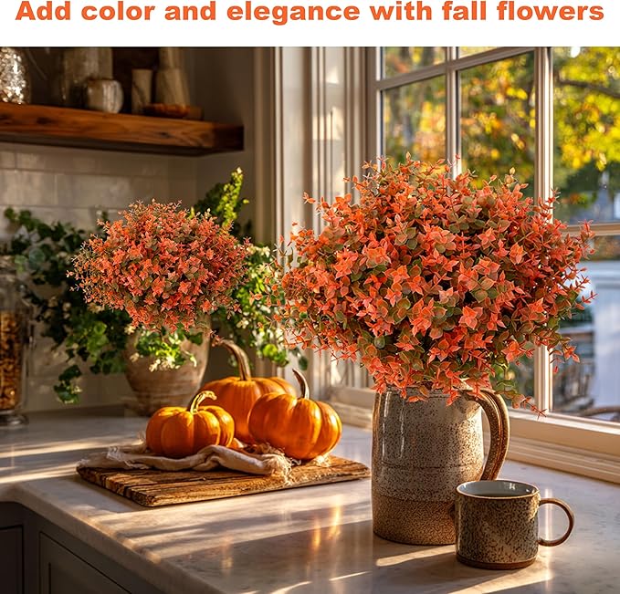 AXYLEX Artificial Fall Flowers Outdoor Fake Mums - 16 Bundles Fake Plants UV Resistant No Fade Faux Plastic Greenery Garden Porch Patio Fall Home Decor (Green Orange)