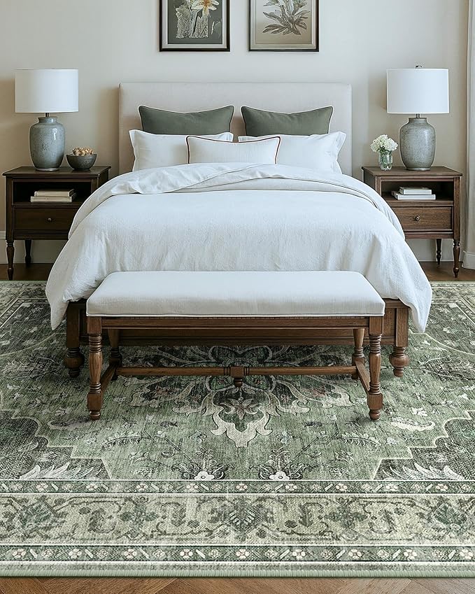 RELEANY Area Rugs 10'x14' Washable Non-Slip, Floral Vintage Distress Print Pattern Medallion Carpet for Living Room Bedroom Dining Room, Dark Green Gray