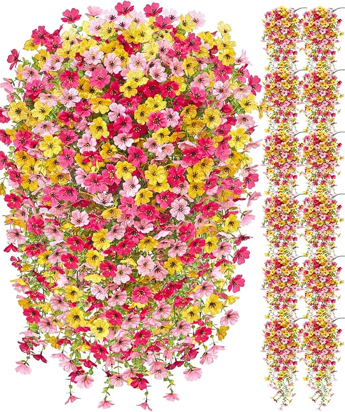 Serwalin 12PCS Artificial Hanging Flowers for Outdoors, UV Resistant Fake Hanging Plants, Realistic Weatherproof Outdoor Decor for Patio, Porch, Garden & Window (Yellow, Hot Pink & Pink,12PCS)