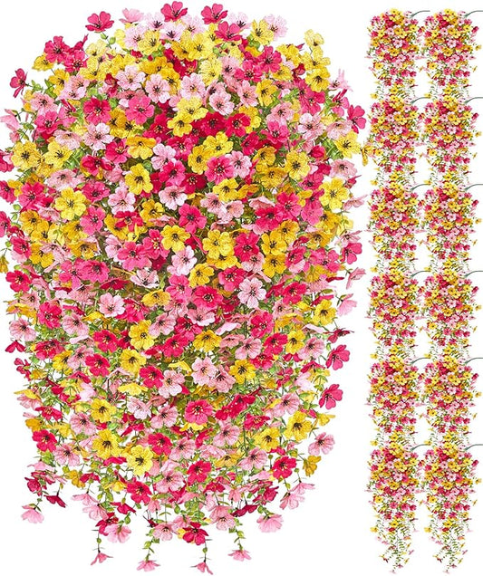 Serwalin 12PCS Artificial Hanging Flowers for Outdoors, UV Resistant Fake Hanging Plants, Realistic Weatherproof Outdoor Decor for Patio, Porch, Garden & Window (Yellow, Hot Pink & Pink,12PCS)