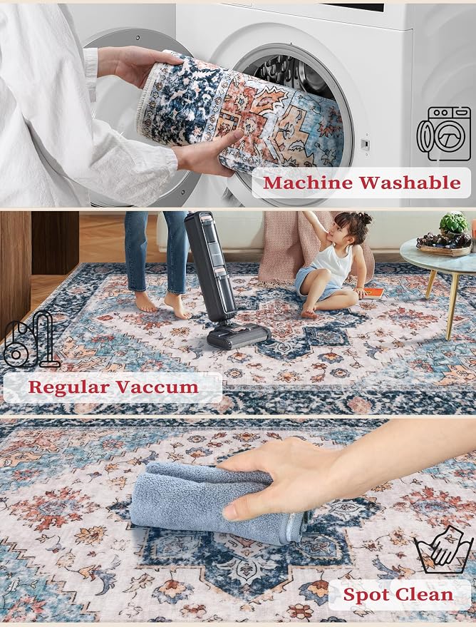 SERISSA Runner Rug for Hallways, 3x10 Washable Non Slip Kitchen Runner Rug, Long Boho Rug Vintage Blue Orange Hallway Stair Ultra Soft Print Floor Carpet for Bedroom Bathroom Laundry Room