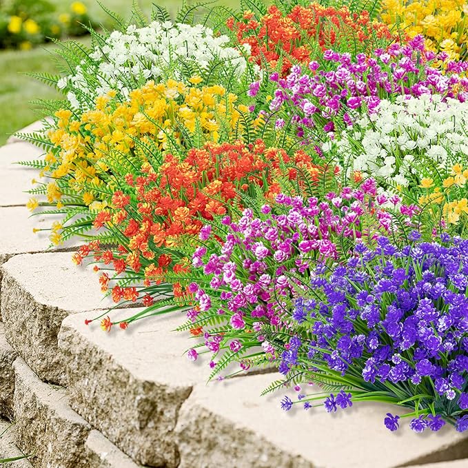 Ouddy Decor 12 Bundles Artificial Flowers for Outdoors UV Resistant Fake Plastic Plants Faux Boston Fern Greenery Stems for Spring Summer Indoor Garden Patio Window Box Kitchen Home Decor, Mixedcolor