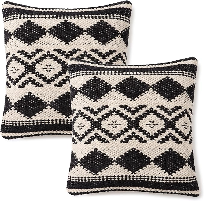 REDEARTH Handmade Boho Throw Pillow Covers - Bohemian Chic Farmhouse Style - Accent Woven Indoor and Outdoor Pillow Cushion Cases for Couch - Bed - Chair - Sofa - Benches – Set of 2-18"x18" - Black