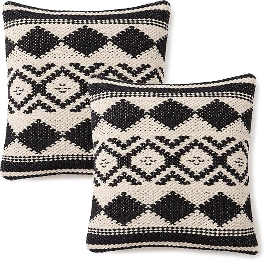 REDEARTH Handmade Boho Throw Pillow Covers - Bohemian Chic Farmhouse Style - Accent Woven Indoor and Outdoor Pillow Cushion Cases for Couch - Bed - Chair - Sofa - Benches – Set of 2-18"x18" - Black
