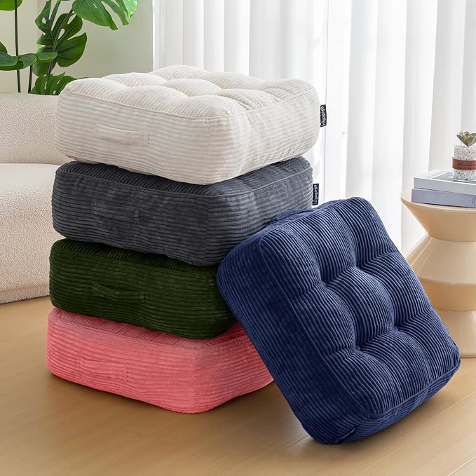 HIGOGOGO 8" Extra Thick Floor Pillow Cushion for Adults, Meditation Cushion Pillow, Large Square Floor Sitting, Tufted Corduroy Cover, for Tatami Living Room or Yoga, 22x22 Inch, Pink
