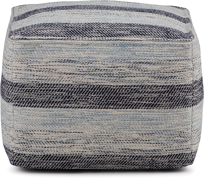 SIMPLIHOME Clay Square Pouf - 18 inch Wide Upholstered Cotton Ottoman in Dark Blue/Natural, Boho Footstool, Decorative Cube Pouf or Extra Seating for Living Room or Bedroom, Assembled