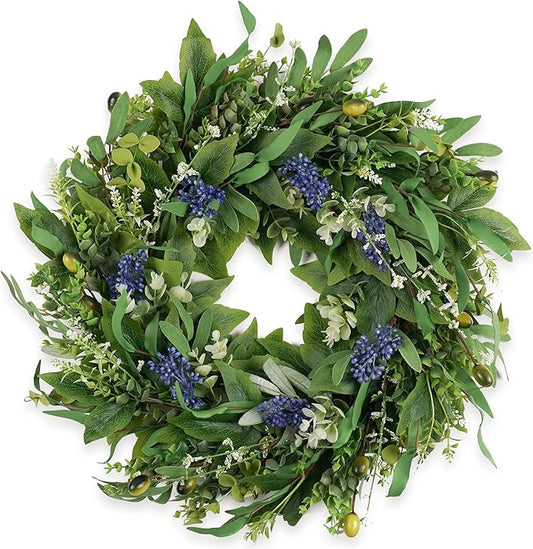 HomeKaren Wreaths for Front Door 22", Door Spring Wreath with Eucalyptus Olive Boxwood Leaves, Greenery Wreath Door Decoration for Spring Summer All Season Home and Outdoor
