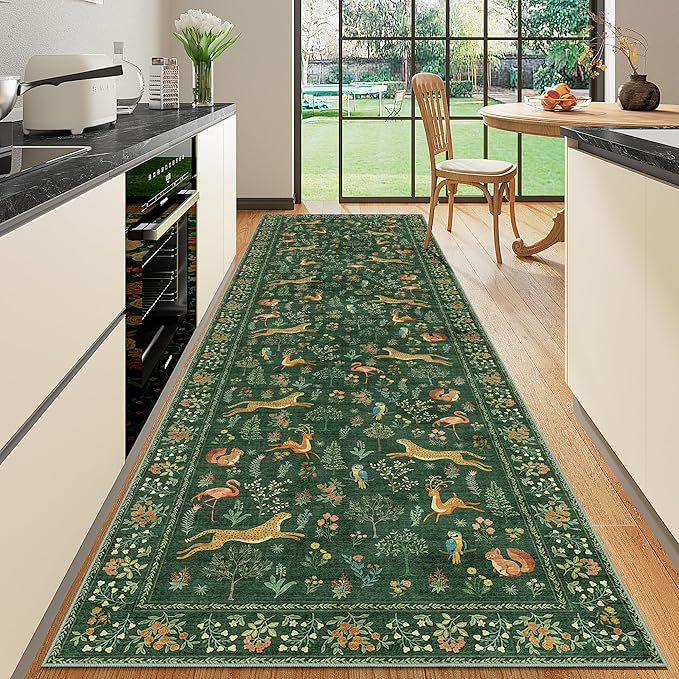 DUKINO 3x10 Washable Runner Rug for Hallway, Lightweight Loog Kitchen Rug with Low Pile Design, Vintage Animal Non Shedding Thin Indoor Carpet for Entryway, Bathroom, Bedroom, Laundry Room, Green