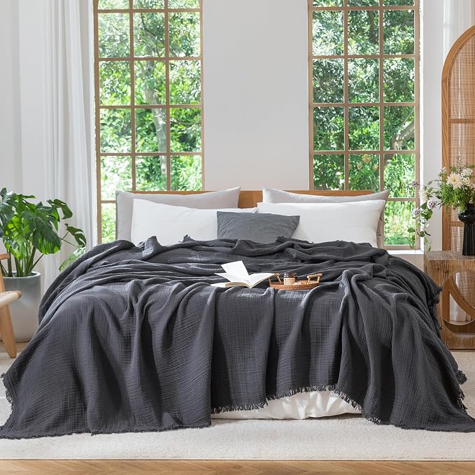MooMee Muslin Blanket - 100% Cotton 4-Layer Gauze Throw Blanket with All-Around Fringe, Soft Breathable Lightweight Cooling Summer Blankets for Bed Couch (Dark Grey,Oversize Queen 98" x 98")