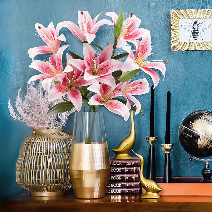 SNAIL GARDEN 12 Artifical Lily Flowers with 9 Heads Full Bloom Lily & 3 Buds, Long Stem Artificial Stargazer Lilies, Faux Tiger Bouquets for Home Hotel Flower Arrangement Party Decor