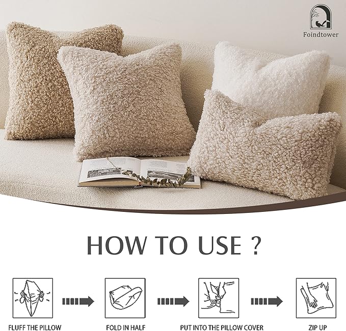 Foindtower 2 Pieces 20x20 Inch Neutral Cream, Faux Fur Throw Pillow Cover Accent Sherpa Pillow Fuzzy Soft Pillowcases Sheepskin Decorative Fleece Cushion Case for Bed Couch Living Room
