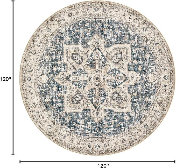 Tortania 10' Round Area Rug Living Room Rugs - Washable Boho Rug Vintage Oriental Distressed Farmhouse Large Thin Indoor Carpet for Bedroom Under Dining Table Home Office - Cream/Blue