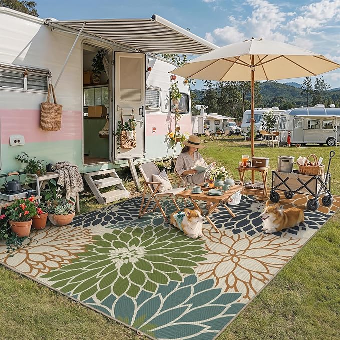 HUGEAR 8'x10' Floral Outdoor Rug Linen-Look Waterproof Colorful Floor Mat Home Decor for Camping RV Outside Area Rug Patio Deck Porch Balcony Backyard Picnic Beach Carpet