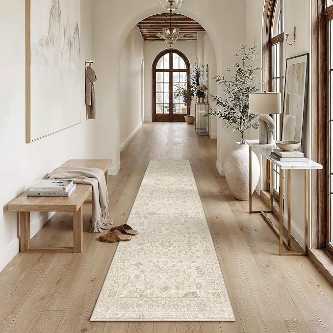 2x10 Beige Washable Runner Rug for Living Room Bedroom Neutral Soft Floral Non Slip Runner Rug Lightweight Vintage Low Pile Distressed Carpet Kitchen Hallway Bedroom Bathroom