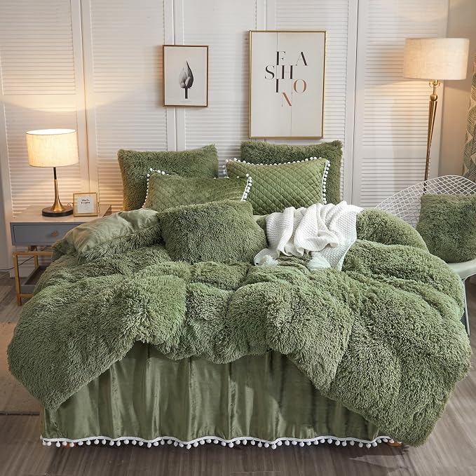 LIFEREVO Luxury Plush Shaggy Duvet Cover Set, Soft Fluffy Furry Duvet Cover Set(1 Faux Fur Fuzzy Comforter Cover+2 Pom Poms Velvet Pillowcases)Solid Bedding Set, Zipper Closure(Full/Queen, Sage Green)