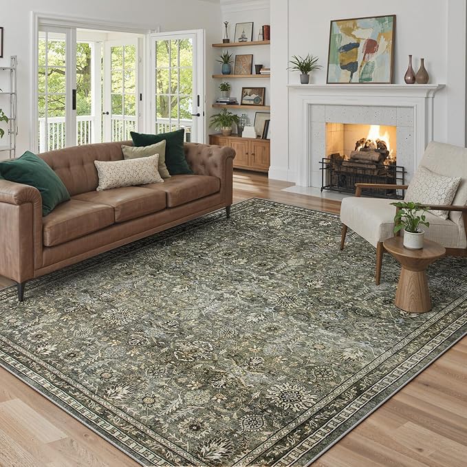 Lahome Dark Olive Green Bedroom Rug, 8x10 Washable Area Rug for Living Room | Rubber Backed Non Slip Non Shedding Floor Carpets for Dining Room Apartment