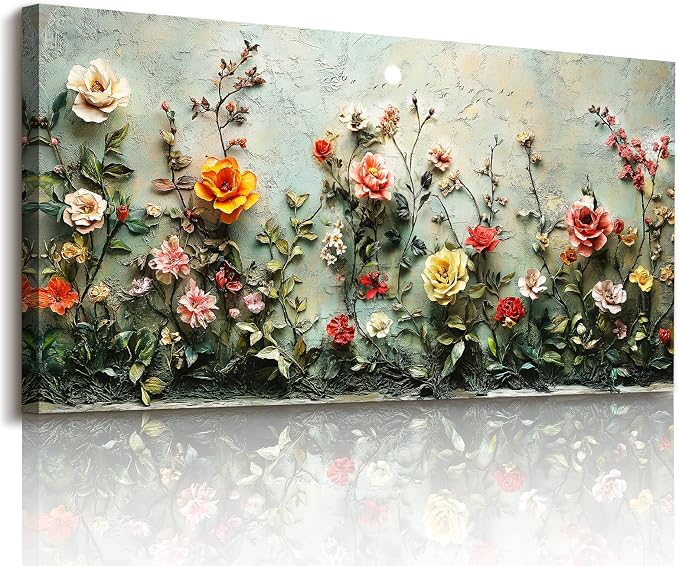 imjiayu Oversized Wall Art, Floral Wall Decor, Vintage Wall Art, Romantic Rose Painting, French Country Flower Botanical Prints, Elegant Big Pictures for Living Room Dining Room Farmhouse 29"x57"