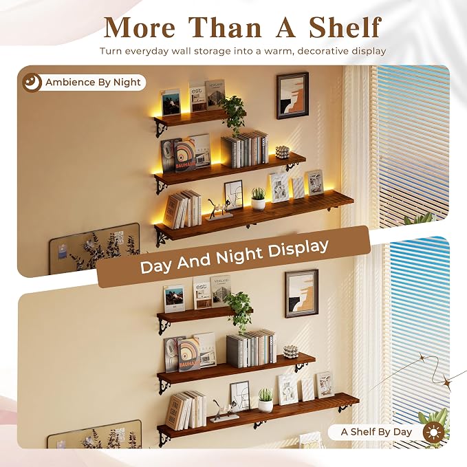 60 Inch 2 Tier Solid Wood Floating Shelves with LED Light, Metal Brackets | 60 inch solid pine shelves, 2 tier, warm LED light, walnut finish, metal brackets for books and decor