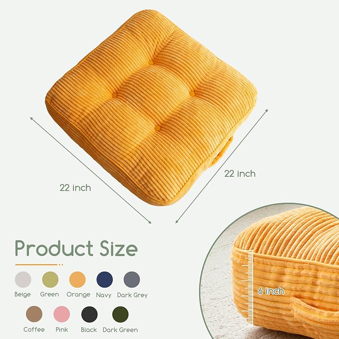 HIGOGOGO 6" Extra Thick Floor Pillow Cushion for Adults, Meditation Cushion Pillow, Large Square Floor Sitting, Tufted Corduroy Cover, for Tatami Living Room or Yoga, 22x22 Inch, Orange