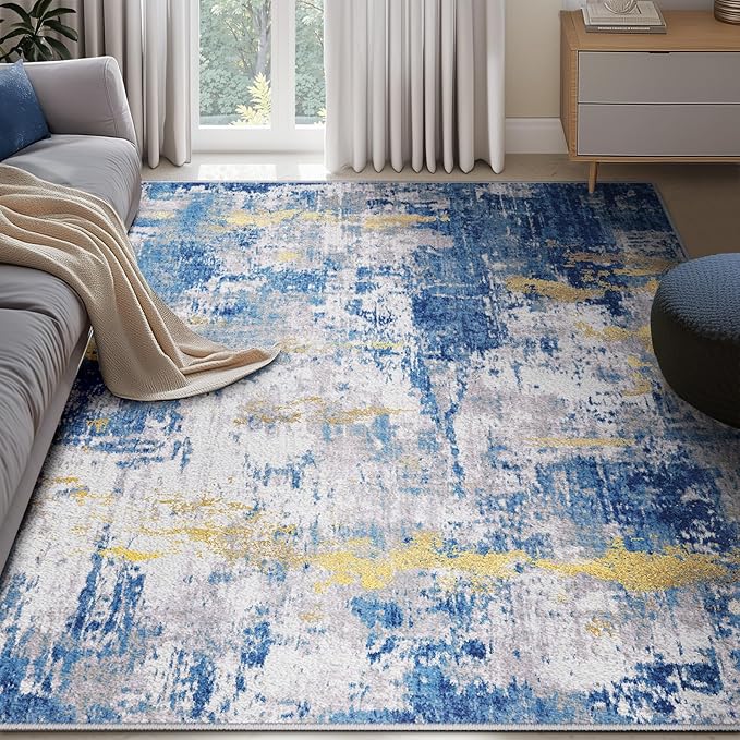 RELEANY Washable Area Rugs 6'x9' Non-Slip Modern Abstract Soft for Living Room Entryway Bedroom Nursery, Print Pattern, Grey Blue Gold/Golden