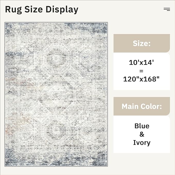 Soalmost 10x14 Area Rugs for Living Room, Non Slip Machine Washable Vintage Rugs, Low Pile Lightweight Large Rug for Bedroom, Dining Room, Home Office Blue Ivory