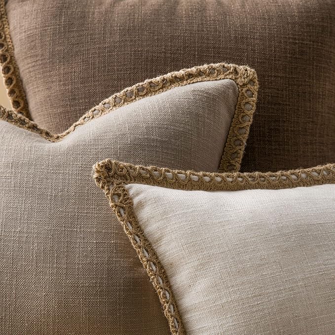 Phantoscope Pack of 2 Farmhouse Decorative Solid Throw Decorative Pillow Cover Burlap Linen Trimmed Tailored Edges Coffee 24 x 24 inches, 60 x 60 cm