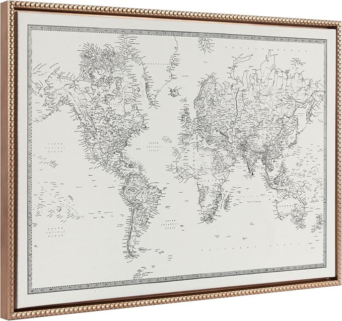 Kate and Laurel Sylvie Beaded Vintage Black and White World Map Vintage Framed Canvas Wall Art by The Creative Bunch Studio, 23x33 Gold, Modern Geographical Map Décor