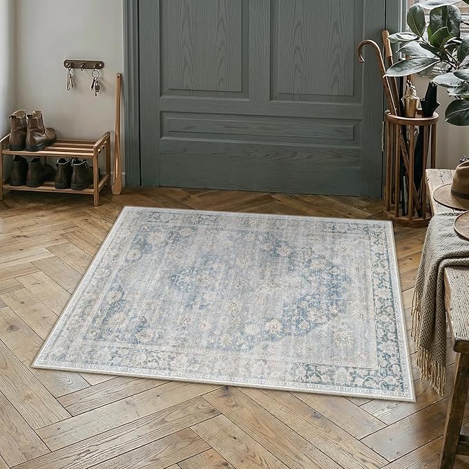2x3 Washable Neutral Area Rug Blue Vintage Entryway Kitchen Carpet Non-Slip Soft Low Pile Oriental Indoor Small Throw Rug for Bedroom Bathroom Entrance