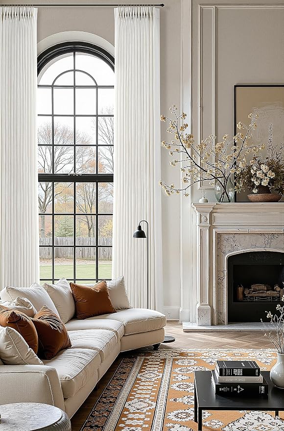 Pinch Pleated Linen Curtains 144 Inches Long for Living Room 2 Panel Set Floor to Ceiling Drapes Natural Cream Beige Ivory Light Filtering Pinch Pleat Curtain Back Tab Neutral Boho Farmhouse Window