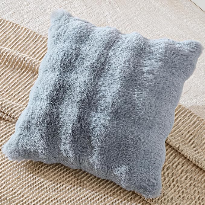 AmHoo Pack of 2 Throw Pillow Covers 3D Dense Faux Rabbit Fur Cozy Super Soft Fuzzy Set Case Cushion for Couch Sofa Bedroom 18 x 18-Inch Light Grey