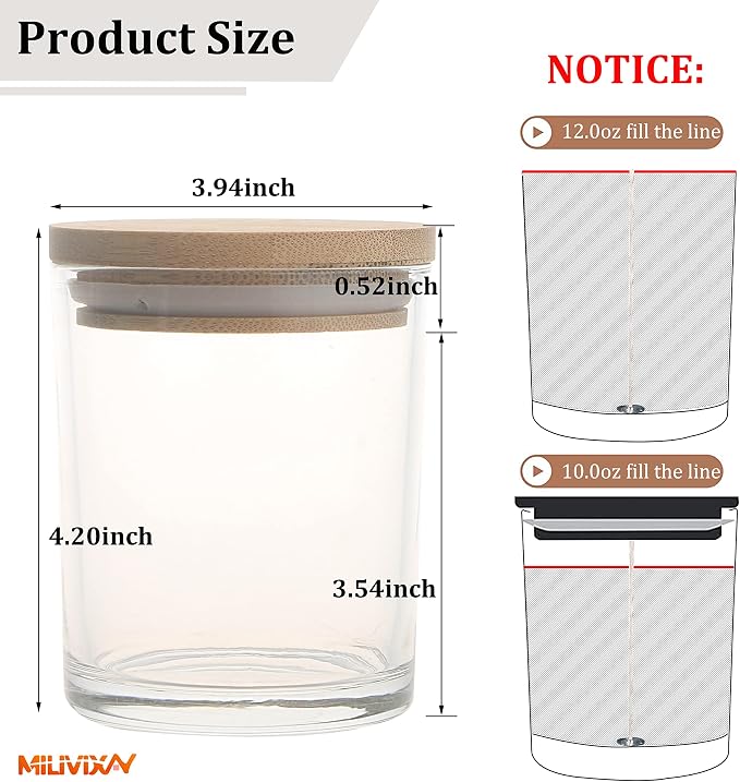 MILIVIXAY 12Pack 12 OZ Clear Thick Glass Candle Jars with Lids - Bulk Empty Candle Jar for Making Candles - Spice, Powder Containers.