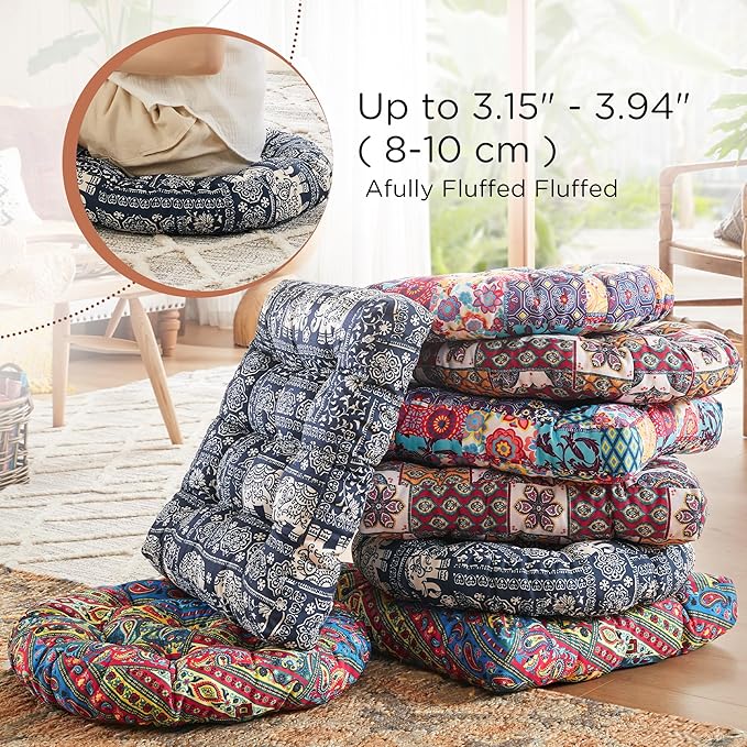 Codi Meditation Floor Pillow, Boho Pillows Seating for Adults and Teens, Large Round Cushion for Yoga Living Room Tatami Sitting, Memory Foam Added, 22x22 Inch, Indigo Elephant