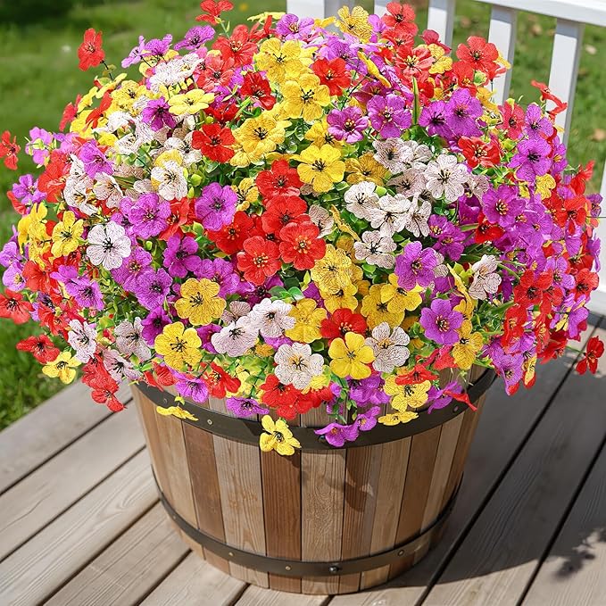 Alupssuc 24 Bundles Artificial Flowers for Outdoors Decoration, UV Resistant Silk Faux Floral Spring Fake Plastic Plants Greenery for Outside Indoor Home Porch Window Planter Decor, Mix 4 Colors
