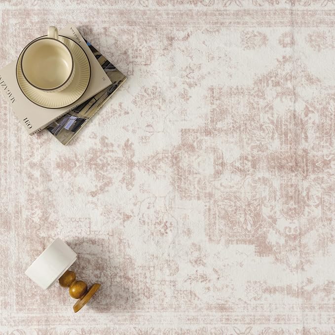 PureCozy Washable Rug 6x9 Area Rug for Living Room Pink Vintage Boho Medallion Large Distressed Retro Carpet Non Slip Indoor Low Pile Small Soft Bedroom Dining Room Home Office