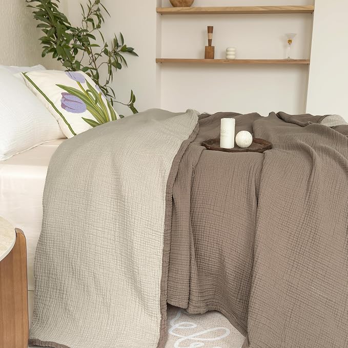 FALUCA Cotton Muslin Cooling Reversible Blanket King Size for Bed, Couch, Four Layers Blanket, Soft Lightweight Cozy Breathable Farmhouse Decoration for Summer, Brown