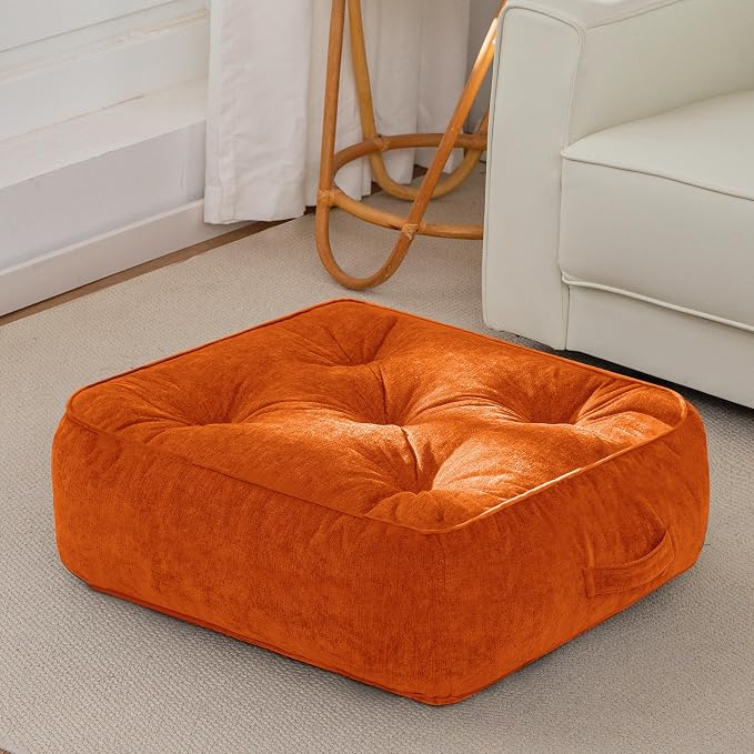 HIGOGOGO 8" Extra Thick Floor Pillow Cushion for Adults, Meditation Cushion Pillow with Handle, Lustrous Chenille Tufted, Square Floor Sitting for Tatami Living Room or Yoga, 22x22 Inch, Orange