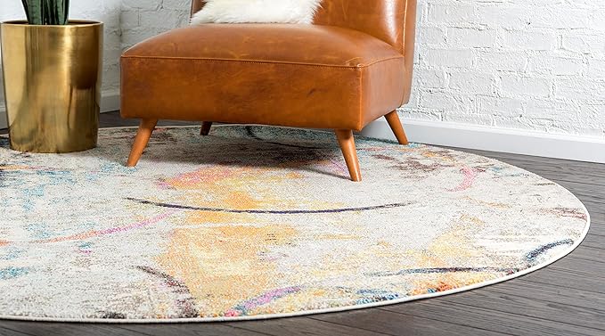 Unique Loom Chromatic Collection Modern Rustic & Vibrant Abstract Area Rug For Any Home Décor (8' 0 x 8' 0 Round, Beige/ Blue)