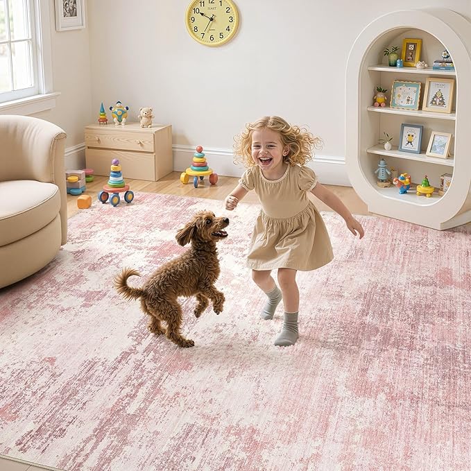 UERMEI 5x7 Area Rug Living Room Rugs - Washable Neutral Modern Abstract Soft Thin Large Rug Indoor Floor No Slip Rug Carpet for Bedroom Under Dining Table Home Office Decor - Pink