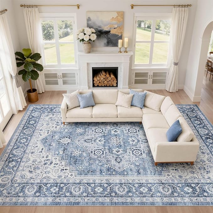 10x14 Area Rugs Living Room: Washable Boho Large Neutral Vintage Soft Rug Stain Resistant Farmhouse Non-Slip Indoor Floor Retro Carpet for Bedroom Nursery Kids Office Dining Room- Blue Gray