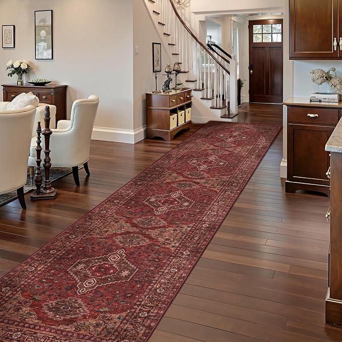 Tangsoo Boho 2.6x14 Runner Rug for Hallways Non Slip, Red Washable Runner Rug, Vintage Soft Low Pile Long Rug Runners, Oriental Print Carpet Runners for Kitchen Bedroom Entryway Living Room