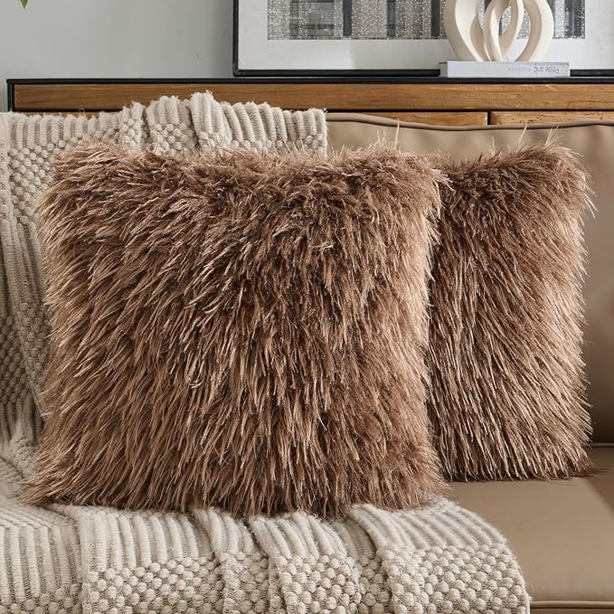 FUTEI Pack of 2 Shaggy Mongolian Faux Wool Throw Pillow Covers 18x18 Inch Soft Decorative Cushion Case for Couch Bed Living Room, Dark Brown