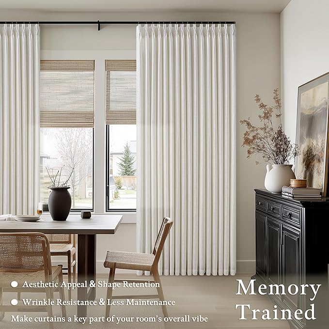 102 Inch Long Pinch Pleat Linen Curtains for Living Room 2 Panels Set Natural Cream Boho Semi Sheer Light Filtering Neutral 102 Inch Pleated Curtain with Rings Hooks Floor Ceiling Bedroom Window