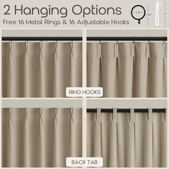 108 Inch Pinch Pleated Warm Beige Curtains for High Bedroom Living Room Oatmeal Light Filtering Drapes with Back Tab Hooks Rings Neutral Memory Shaped Pinch Pleat Floor Length Curtains 2 Panels