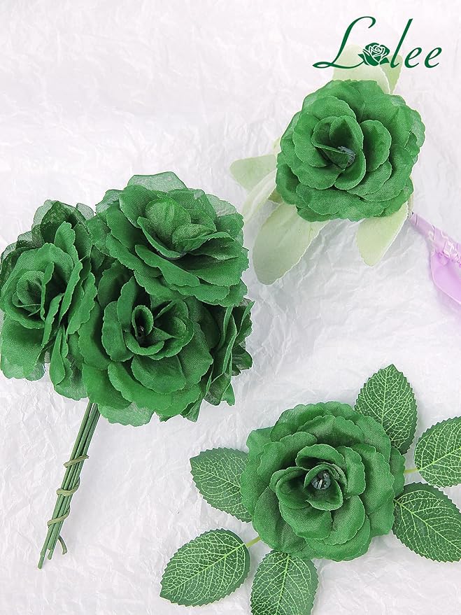 LELEE Rose Head Flowers with Stem - 108pcs Emerald Green Rose Artificial Flowers Bulk - Silk Roses Fake Flower for Wedding Bouquet Party Home Decor DIY Centerpieces Tables St Patrick's Day Decoration