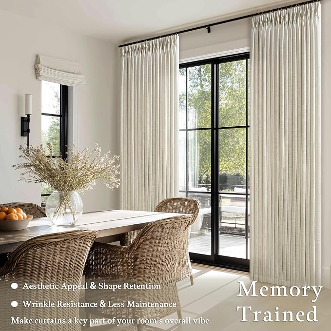 98 Inch Beige Linen Pinch Pleated Curtains 2 Panels for Living Room Bedroom Memory Training Shaped Semi Sheer Light Tan Pinch Pleat Drapes with Hooks Rings Light Filtering Window Curtain 50x98